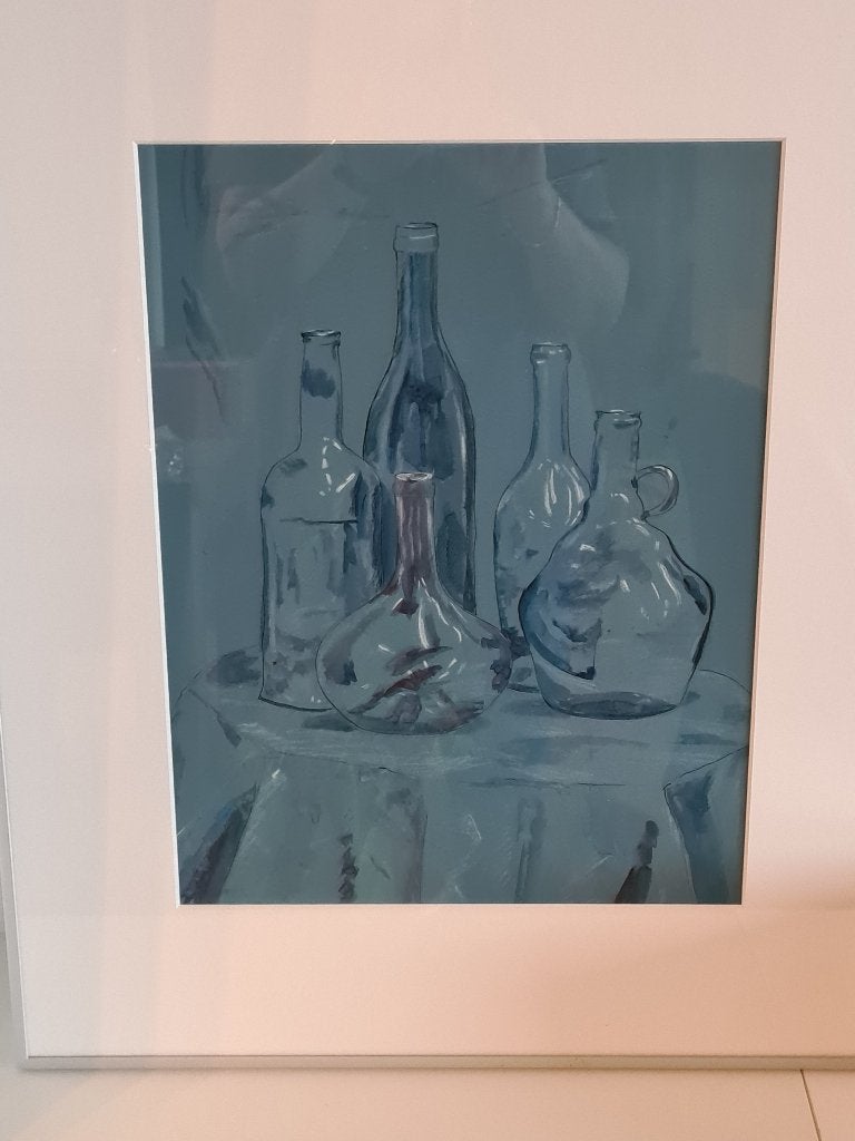 Stillevens met karaffen, flessen, kruiken, Antiek en Kunst, Ophalen, Acrylverf, Stilleven, Passe-partout