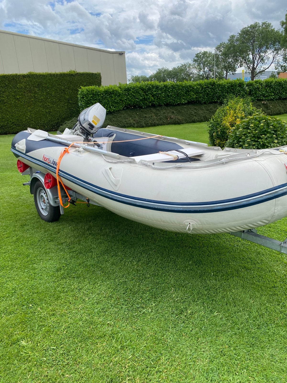 Rubberboot met Honda 8pk motor en trailer, Watersport en Boten, Rubberboten, Ophalen, Gebruikt, Buitenboordmotor