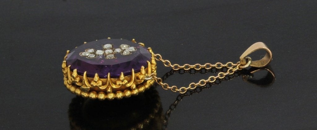 Amethist kruis diamanten antieke 18k gouden hanger ketting, Verzenden, Goud, Hanger, Met edelsteen