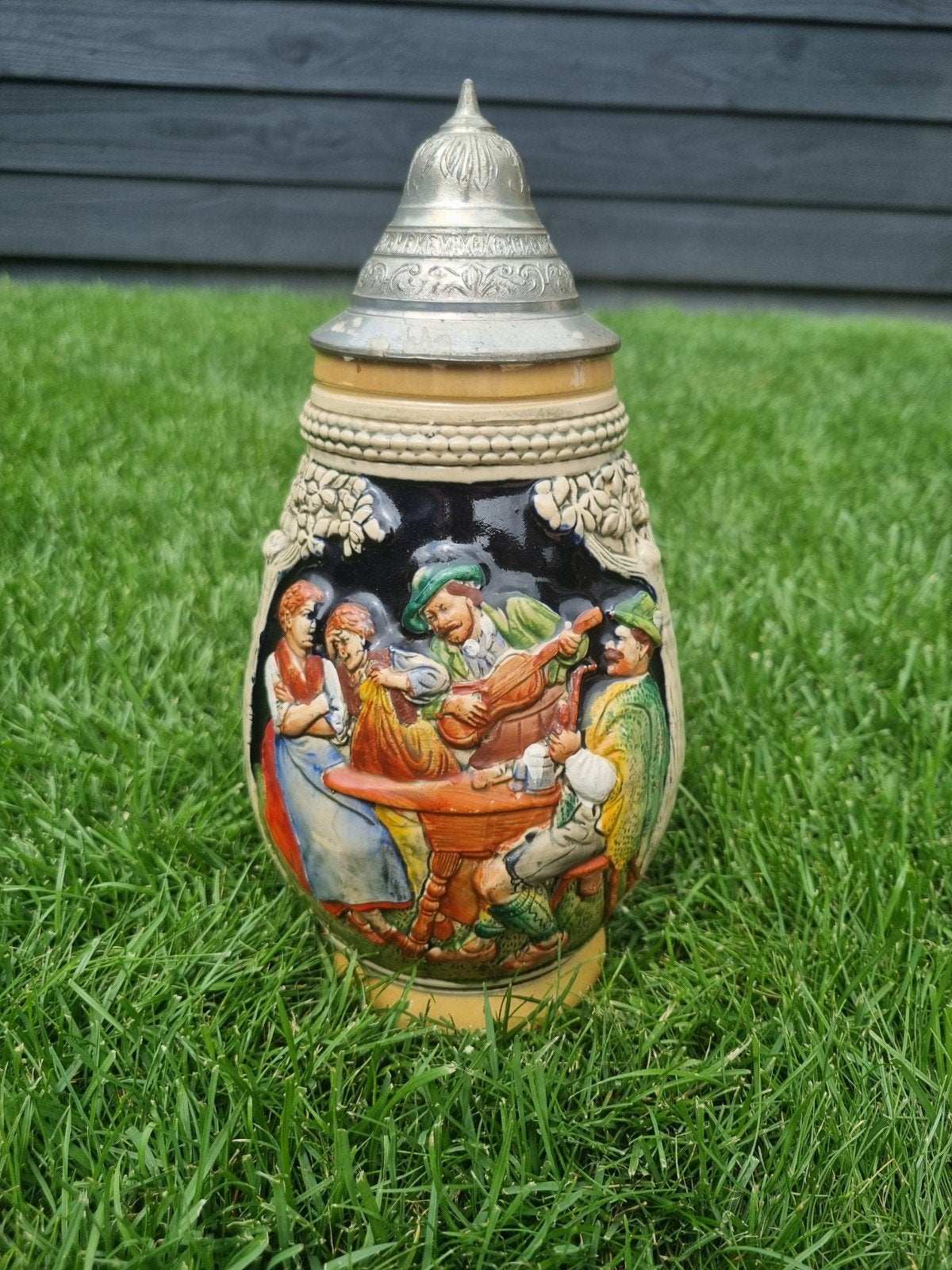 Antieke Duitse Bierpul met Tin Deksel en Reliëfdecoratie, Antiek en Kunst, Ophalen of Verzenden