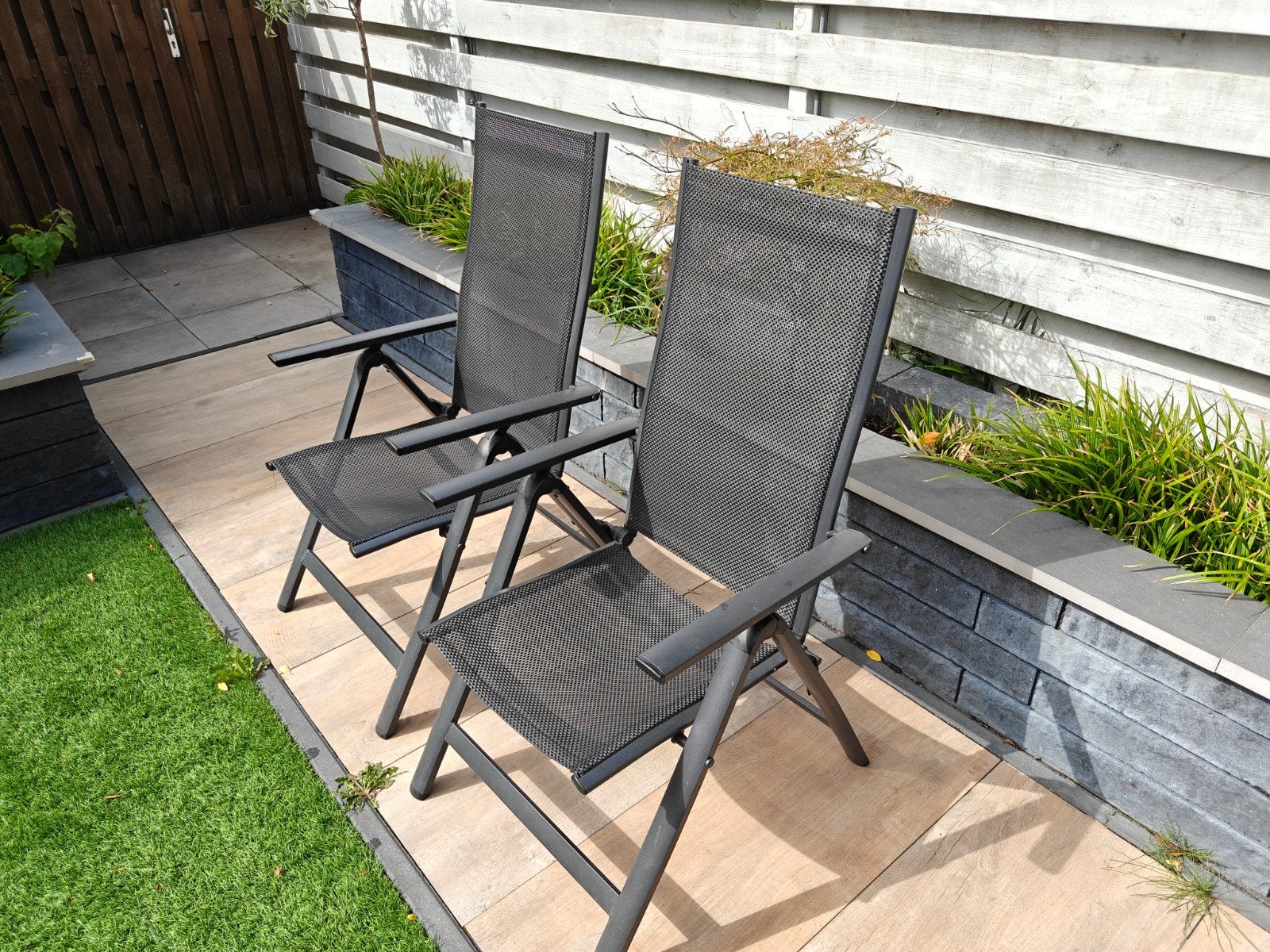 Jutlandia tuinstoelen - 2 stuks - verstelbaar en inklapbaar, Ophalen, Gebruikt, Metaal, Verstelbaar