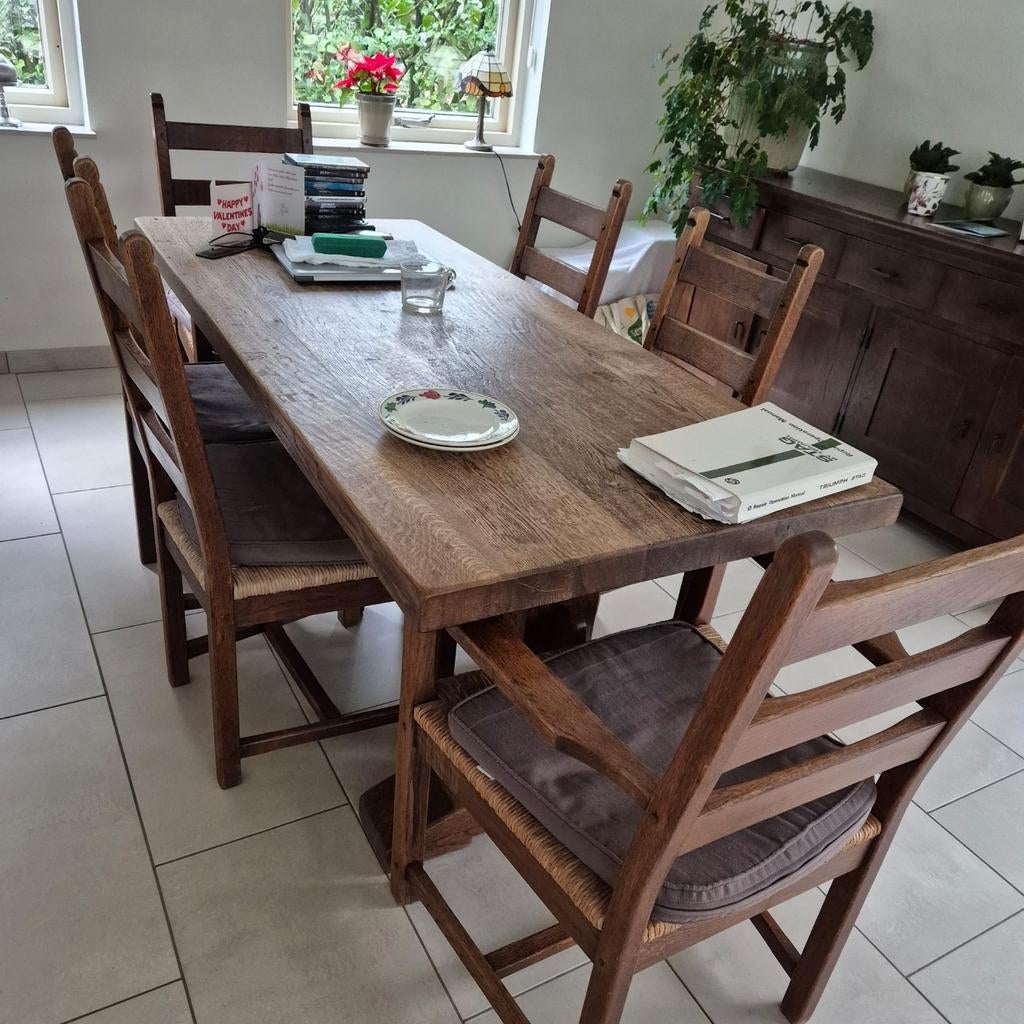 Rustieke eiken eethoek landhuisstijl met 6 stoelen, Huis en Inrichting, Gebruikt, Eikenhout, 200 cm of meer, 50 tot 100 cm