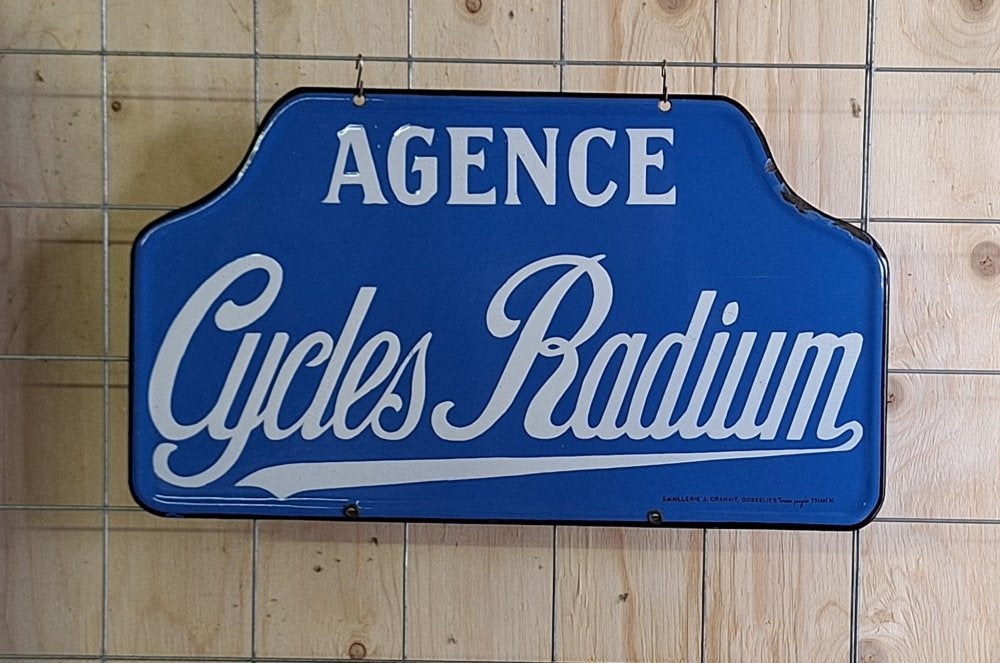 Pracht emaille reclamebord van Radium fietsen uit 1936., Reclamebord, Gebruikt, ., Ophalen of Verzenden