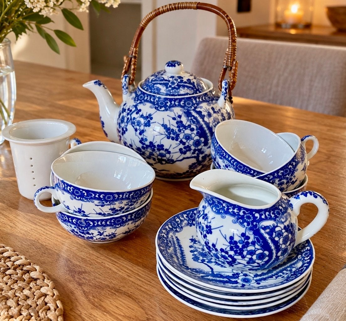 Prachtige Japanse theeset met blauw-wit decor, Ophalen