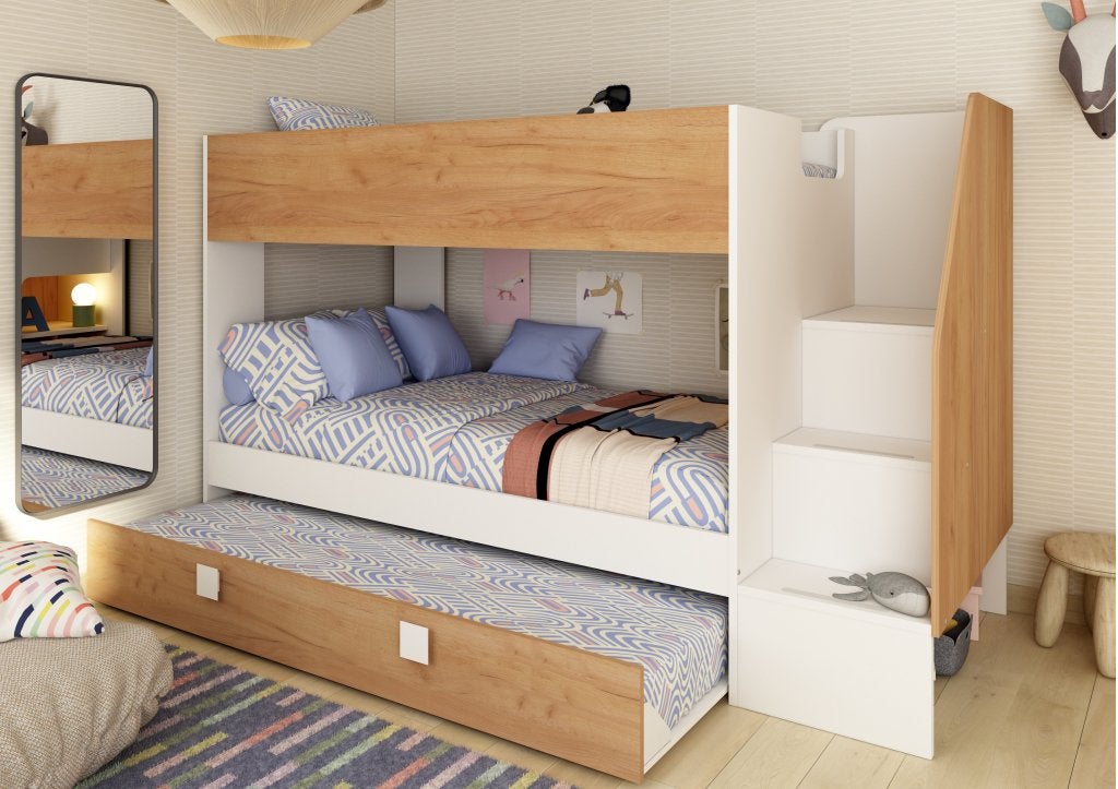 Easy stapelbed met slaaplade - 90x190/200 - Wit/eiken, Niet ingevuld, Niet ingevuld, Niet ingevuld