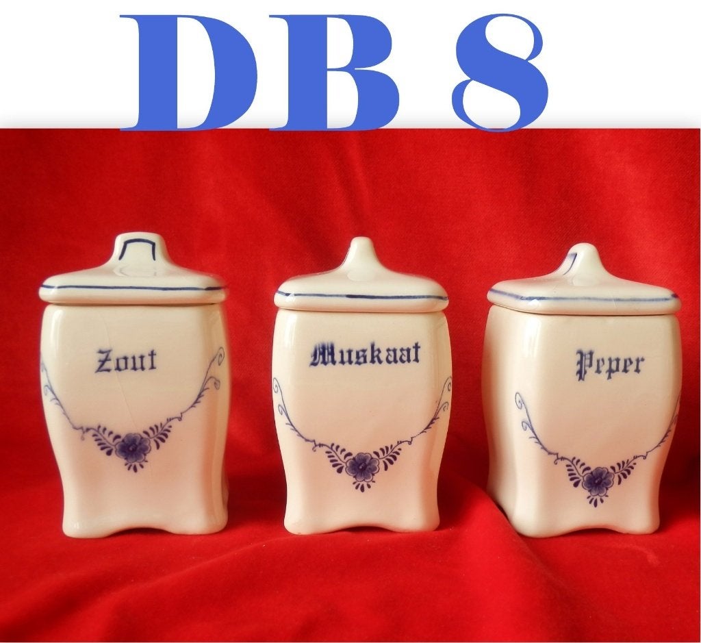 DB8 - Drie Delfts blauwe kruiden potjes met bloem motief, Ophalen of Verzenden, Huis en Inrichting