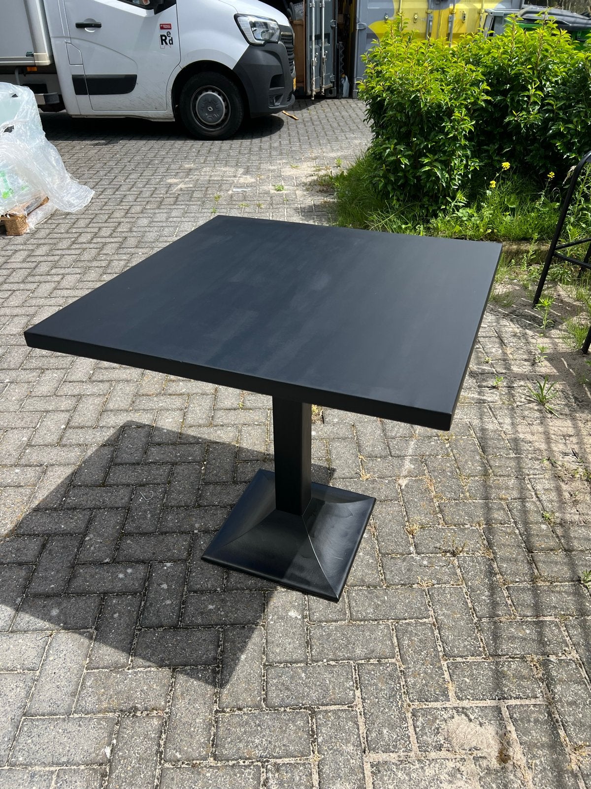 7 Horeca tafels 80x80 met stalen onderstel en beukenhout, Ophalen of Verzenden, Gebruikt
