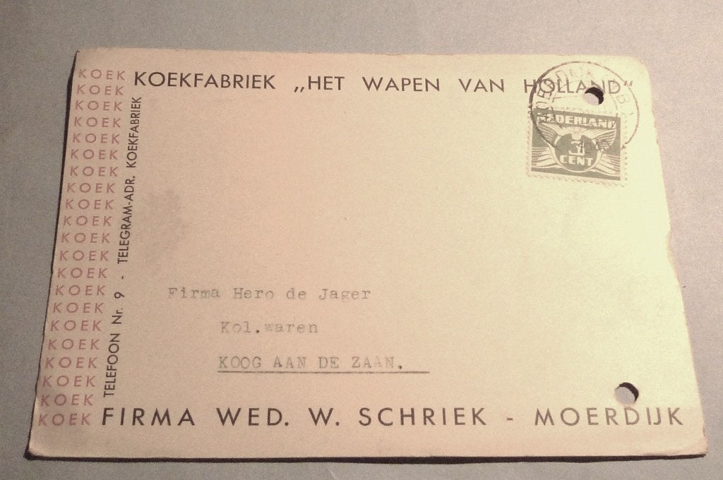 Koekfabriek Het Wapen van Holland Moerdijk 1940 Wed. Schriek, Ophalen of Verzenden, 1920 tot 1940, Gelopen, Ambachten of Beroep