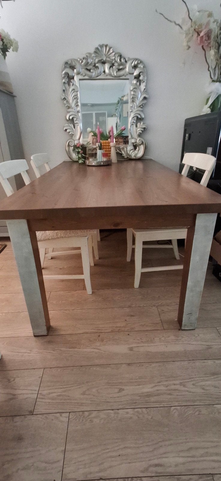 Houten eettafel met wit onderstel, Ophalen, Gebruikt, 50 tot 100 cm, Landelijk