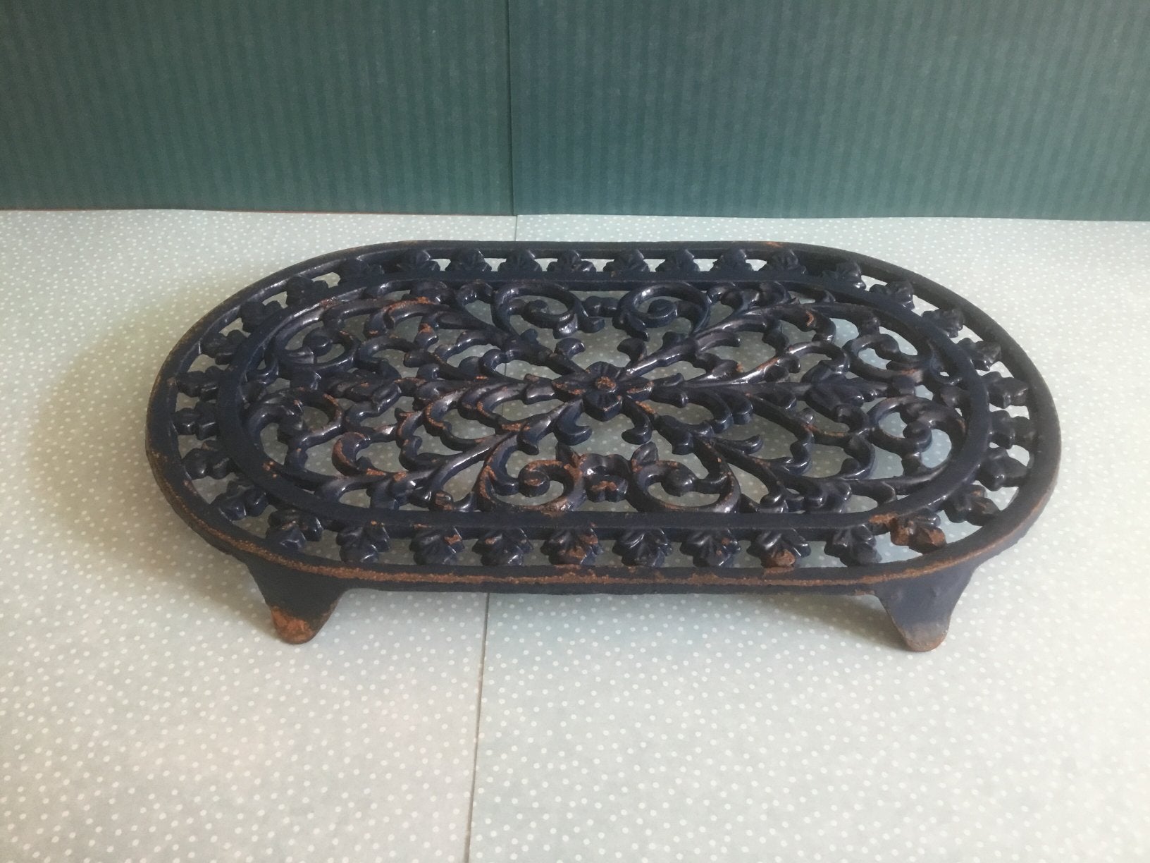 Brocante Franse gietijzeren onderzetter blauw, Ophalen of Verzenden