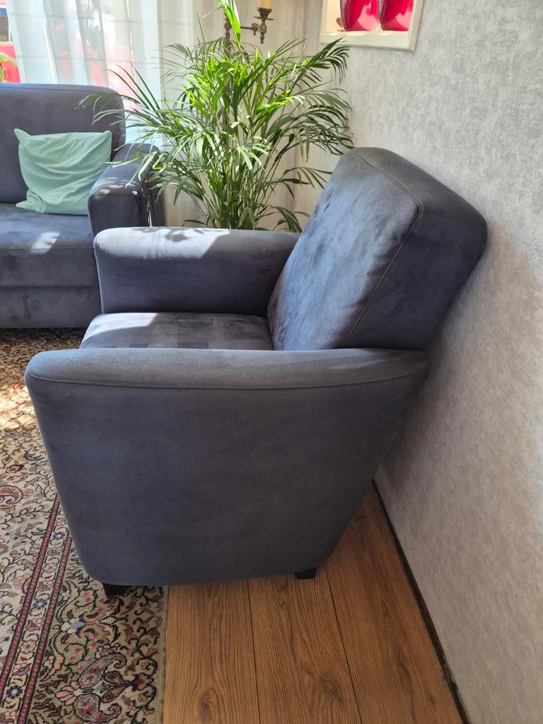 Comfortabele 2-zitsbank en 2 fauteuils - Blauwe stof, Modern, Comfortabel, Gebruikt, 150 tot 200 cm, Tweepersoons