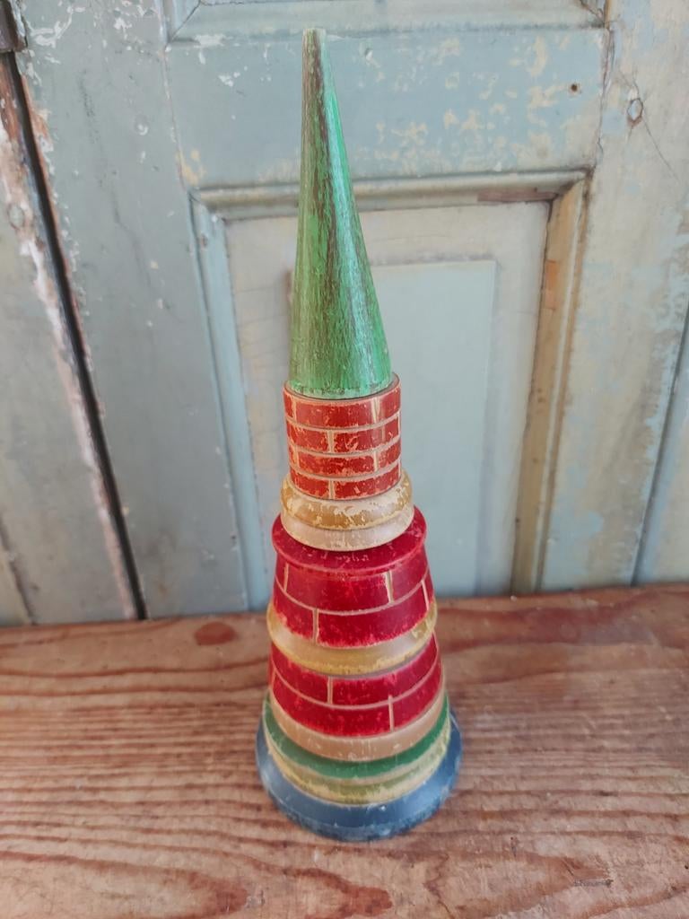 Antieke houten gestapelde boom kleurrijke oude kerstdecorati, Antiek en Kunst, Ophalen of Verzenden
