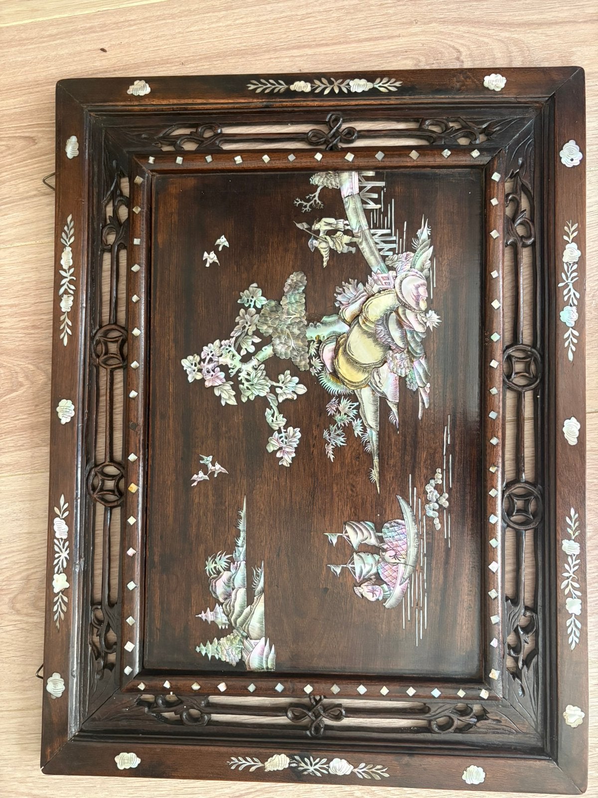 Vietnamees houten paneel met parelmoer inleg, Ophalen, Overige stijlen, Overige technieken, Maritiem / water