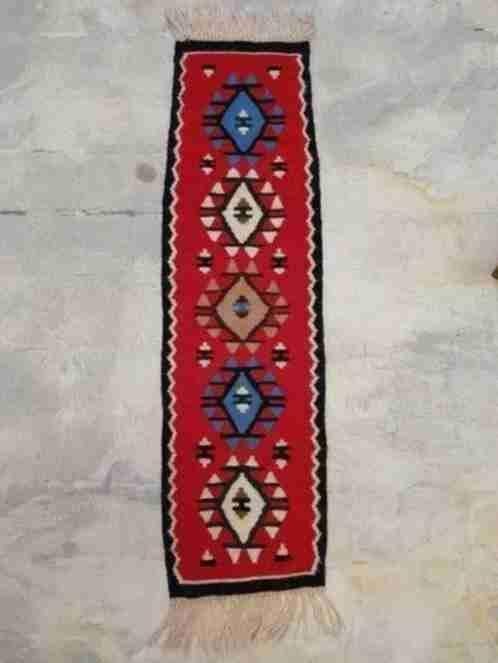 Kelim loper rood crème zwart blauw groen 124/34 cm, Gebruikt, Etten-Leur, DJT@dejuistetoon.eu, Ophalen of Verzenden