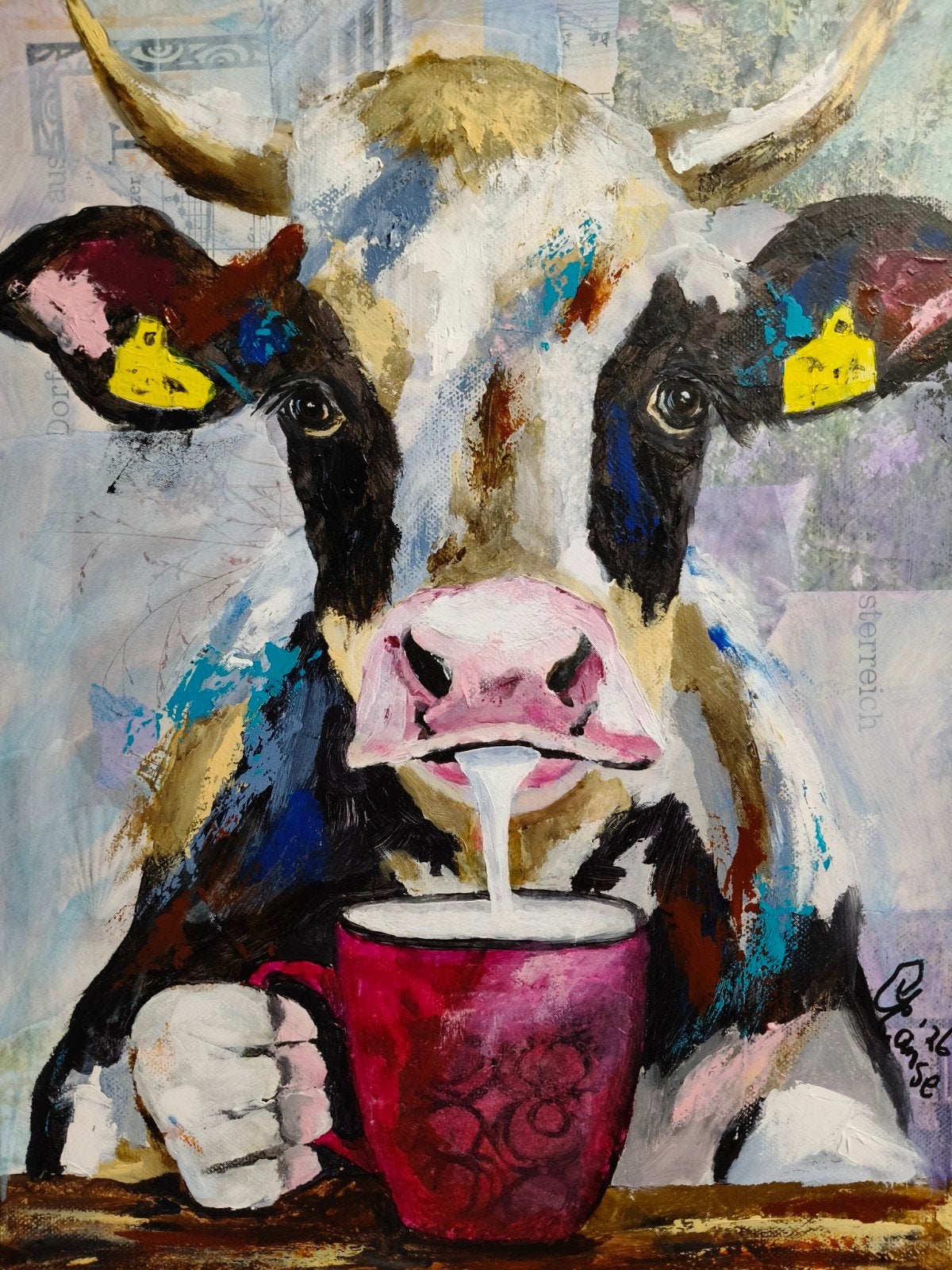 Schilderij koe met beker melk, Ophalen of Verzenden