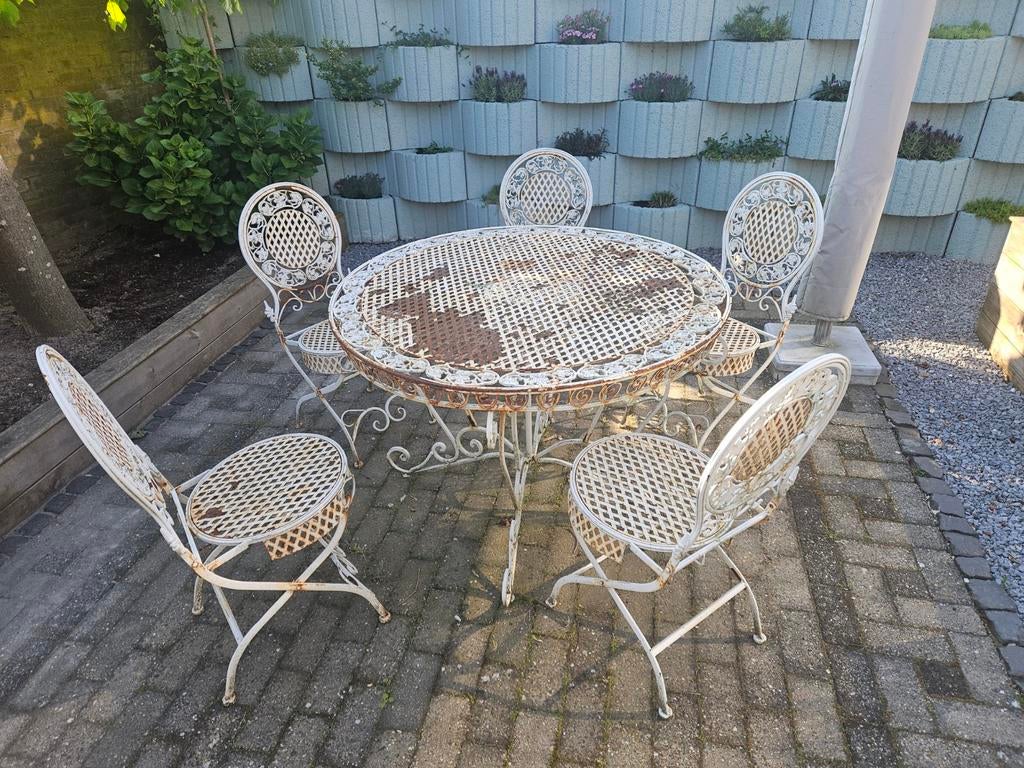 UNIEK!!! Bistro set, tafel 110cm + 5 stoelen, Tuin en Terras, Ophalen, Tuinset, Eettafel, 5 zitplaatsen