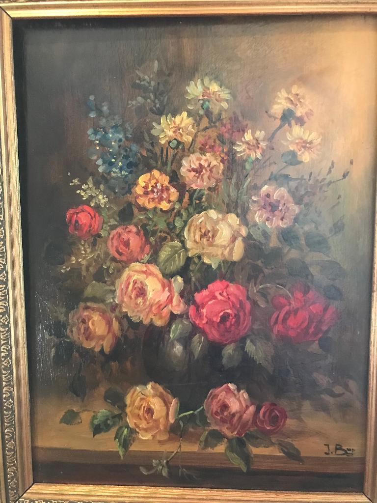 bloemstilleven olieverf paneel j.bor, Antiek en Kunst, Ophalen of Verzenden