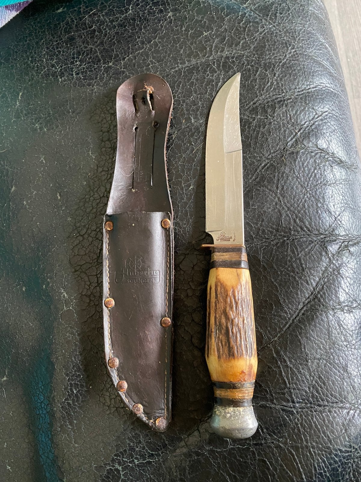 Vintage Hubertus Solingen Jachtmes Echt Hertengewei & Schede, Ophalen of Verzenden, Overige soorten, Duitsland, Mes of Dolk