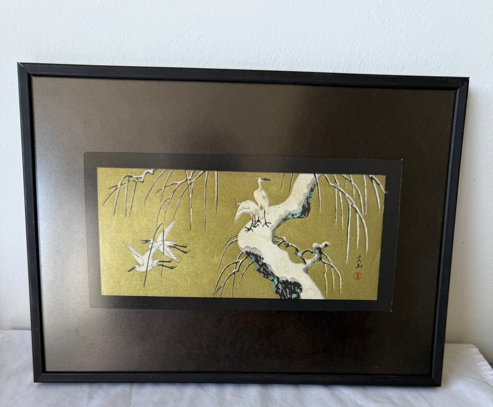 Chinees handgeschilderd Kraanvogels ingelijst, Schilderij, Goud, Gemerkt, Ophalen of Verzenden