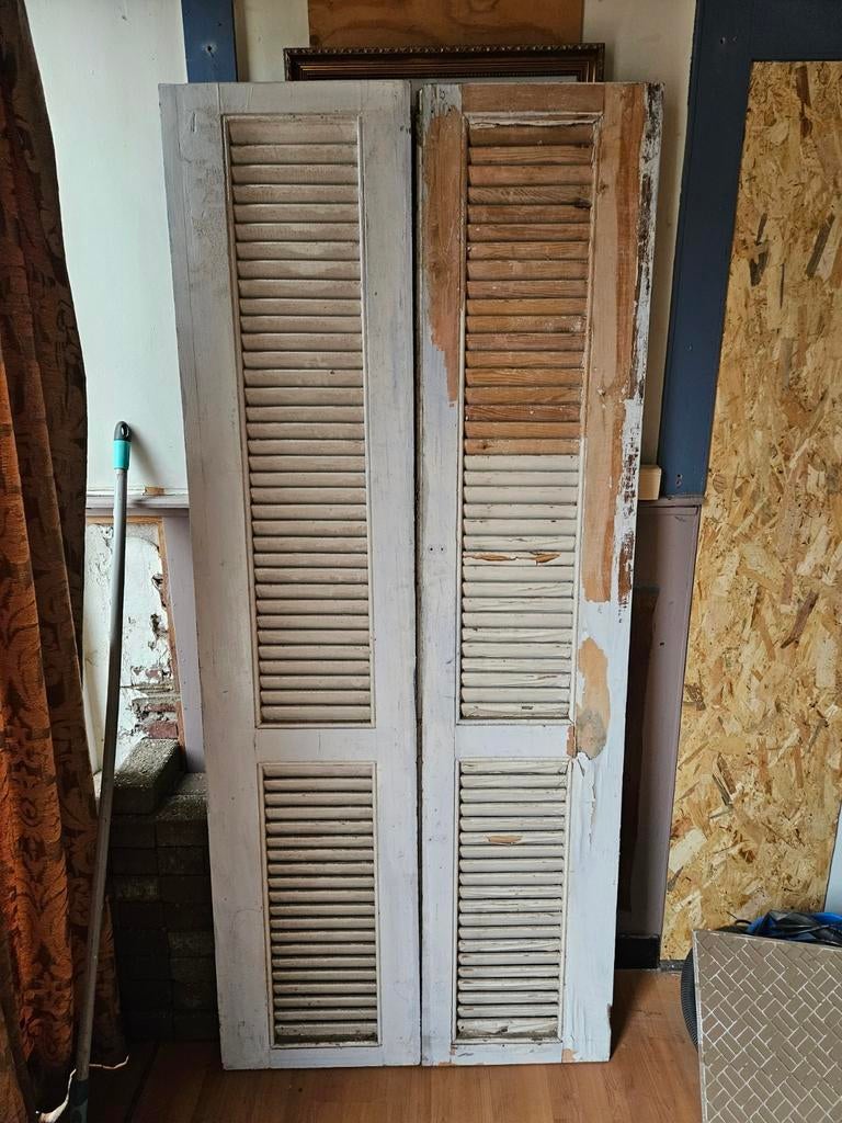 Set van 2 x2 authentieke Franse brocante louvre deuren, Ophalen, Gebruikt, 80 tot 100 cm, Binnendeur