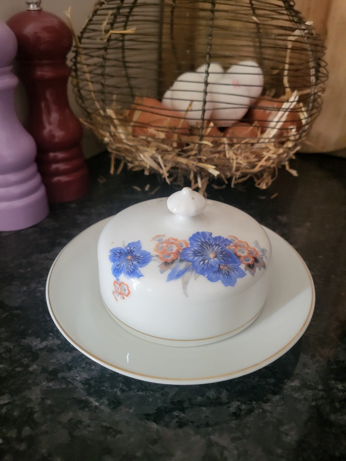 Vintage botervlootje met bloemmotief - 17 cm doorsnee, Gebruikt, Overige typen, Vintage, Ophalen of Verzenden
