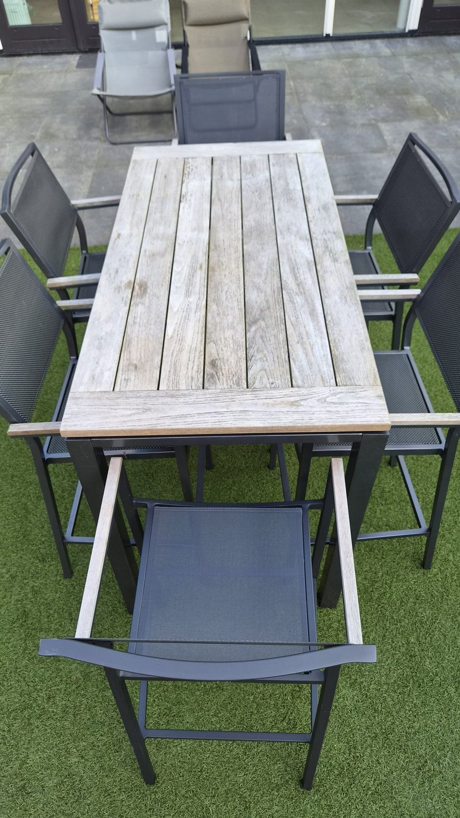 Hoge tuintafel met 6 stoelen - Teakhout en Metaal, Ophalen, Gebruikt, Rechthoekig, Hout