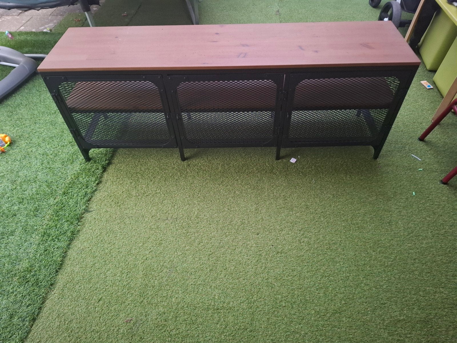 Industriële TV-kast met houten blad en metalen deuren, Gebruikt, 100 tot 150 cm, Minder dan 100 cm, Industrieel