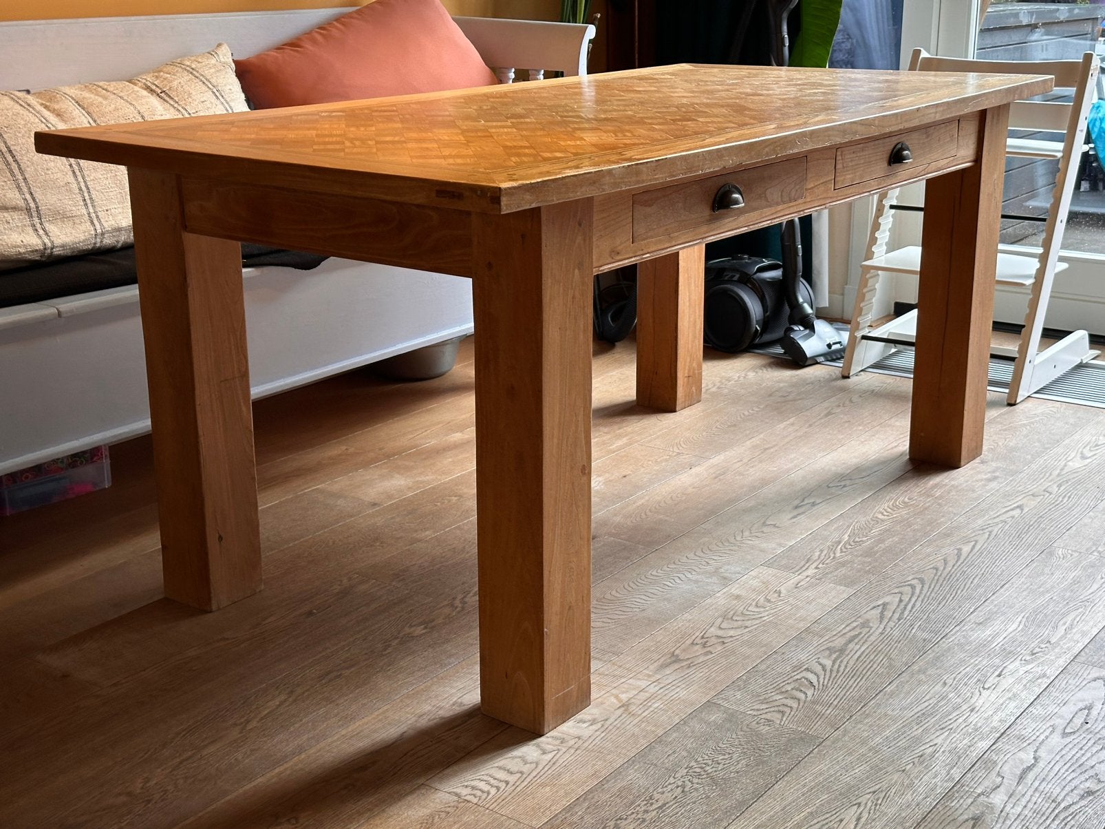 Massief houten eetkamertafel met vier opbergvakken 180x90x79, Ophalen, Gebruikt, 50 tot 100 cm, Vijf personen of meer