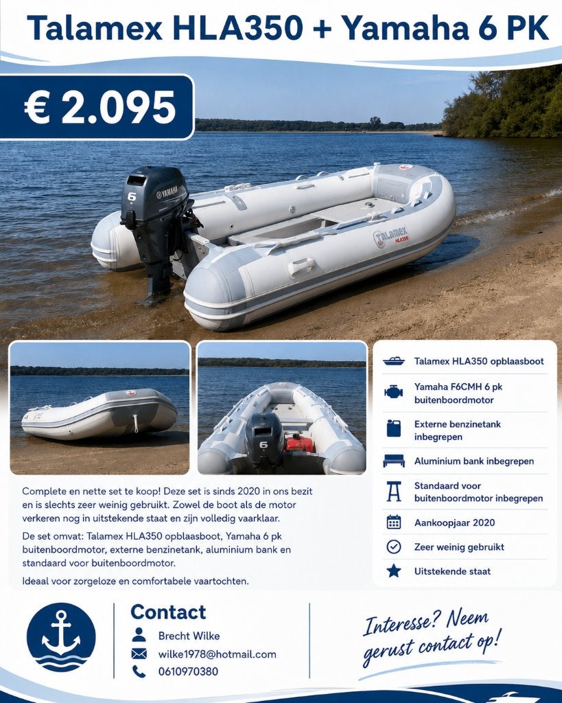 Opblaasbare Talamex boot met 6 PK Yamaha buitenboordmotor, Watersport en Boten, Rubberboten, Gebruikt, Talamex, Airdeck, Afdekzeil