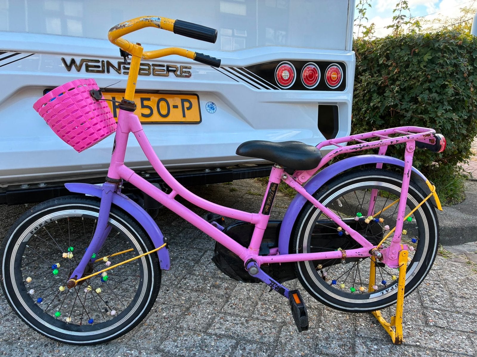 Roze kinderfiets met paarse spatborden en mandje, Ophalen, Gebruikt, Terugtraprem, 20 inch of meer