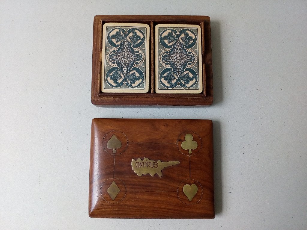 Houten speelkaarten doos met koperen inleg. Vintage, Antiek en Kunst, Ophalen of Verzenden