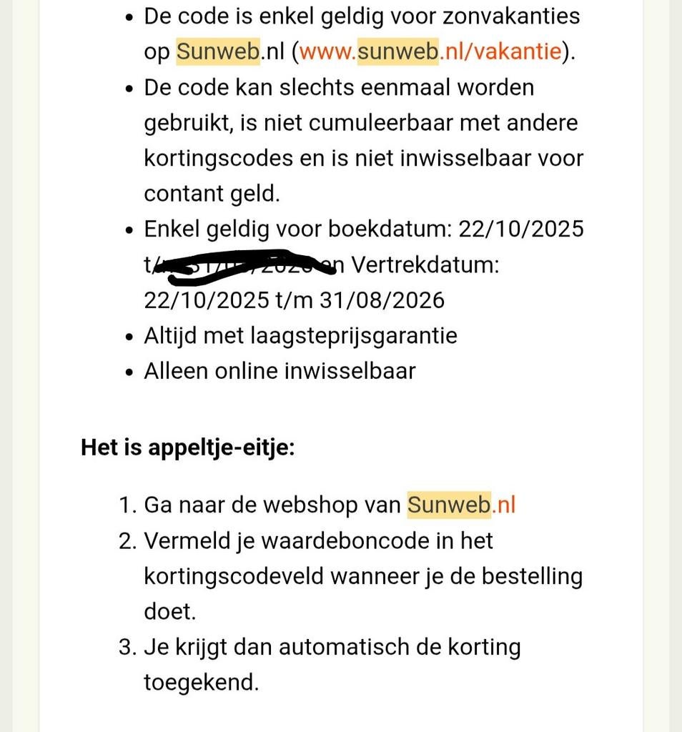 Sunweb kortingscode 50 euro, Eén persoon, Cadeaubon
