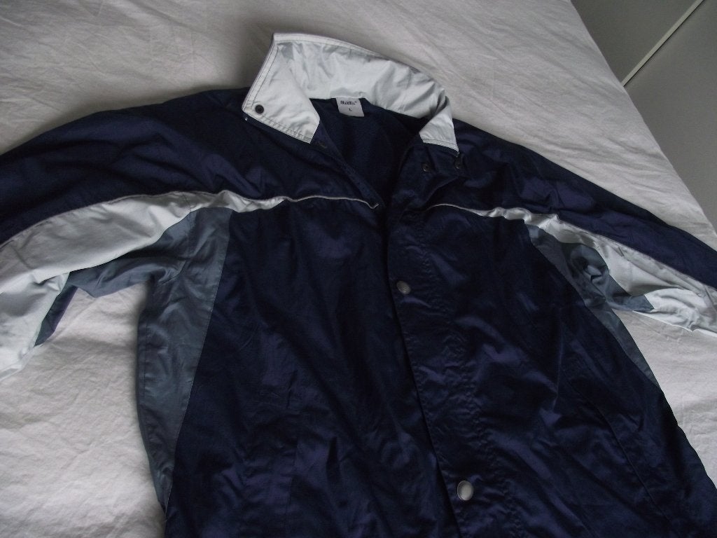 blauw regenjas jas + capuchon in de kraag Multitex maat L, Maat 52/54 (L), Blauw, Multitex, Ophalen of Verzenden