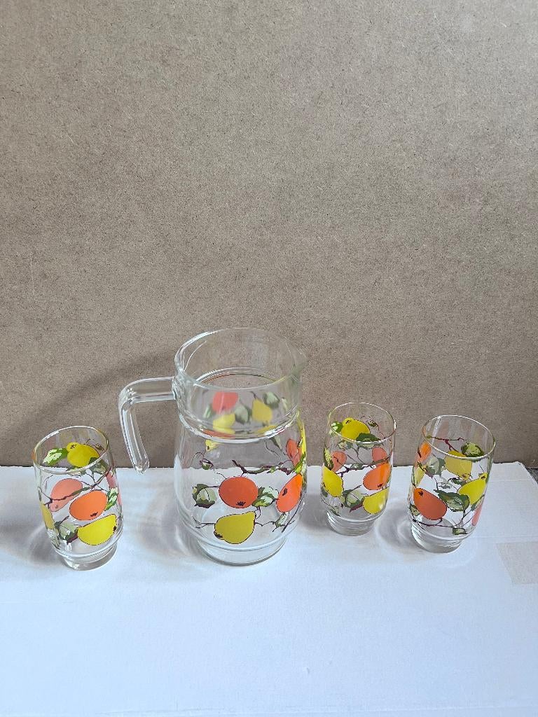 Vintage schenkkan ontwerp sinaasappel / citroen en 3 glazen, Huis en Inrichting, Keuken | Servies, Glas of Glazen, Ophalen of Verzenden