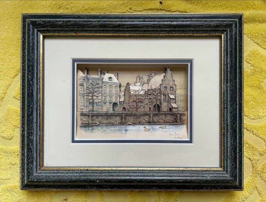 Anton Pieck 3D schilderij - Grachtenhuisjes Den Haag, Antiek en Kunst, Ophalen of Verzenden