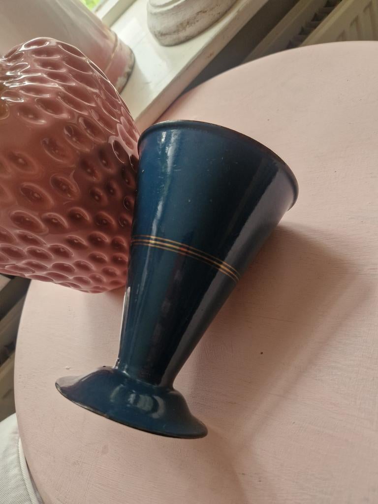 Blauwe emaille maatbeker met gouden biezen EDY, Ophalen of Verzenden