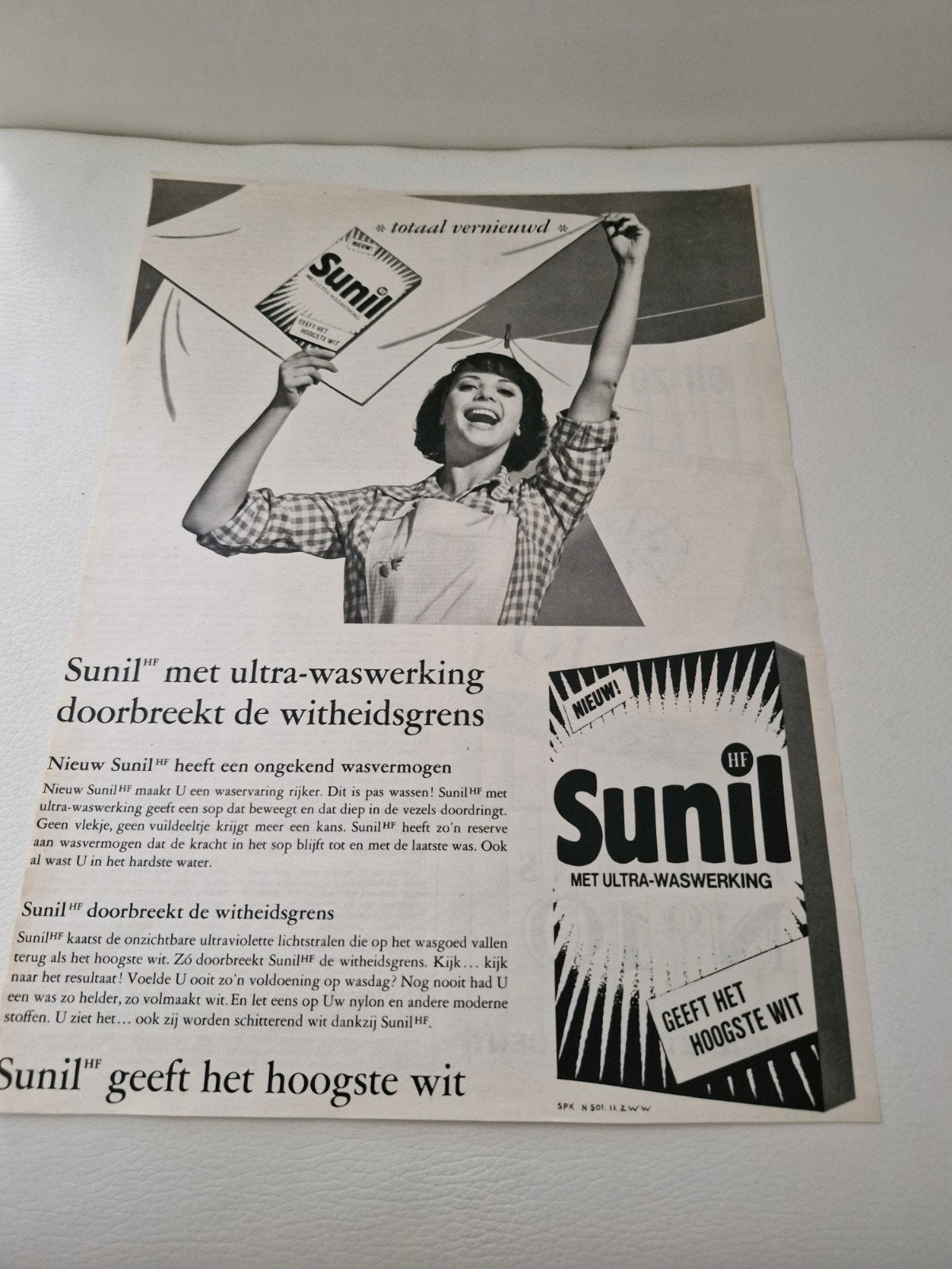 Vintage Sunil Wasmiddel Advertentie (ca. 32x24 cm), Ophalen of Verzenden, 1960 tot 1980, Nederland, Knipsel(s)