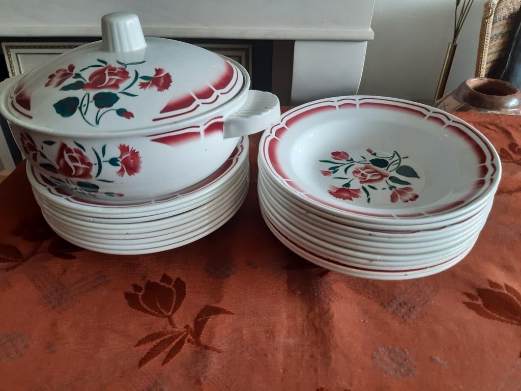 20 antieke franse borden+terrine+deksel Badonviller roosjes, Ophalen