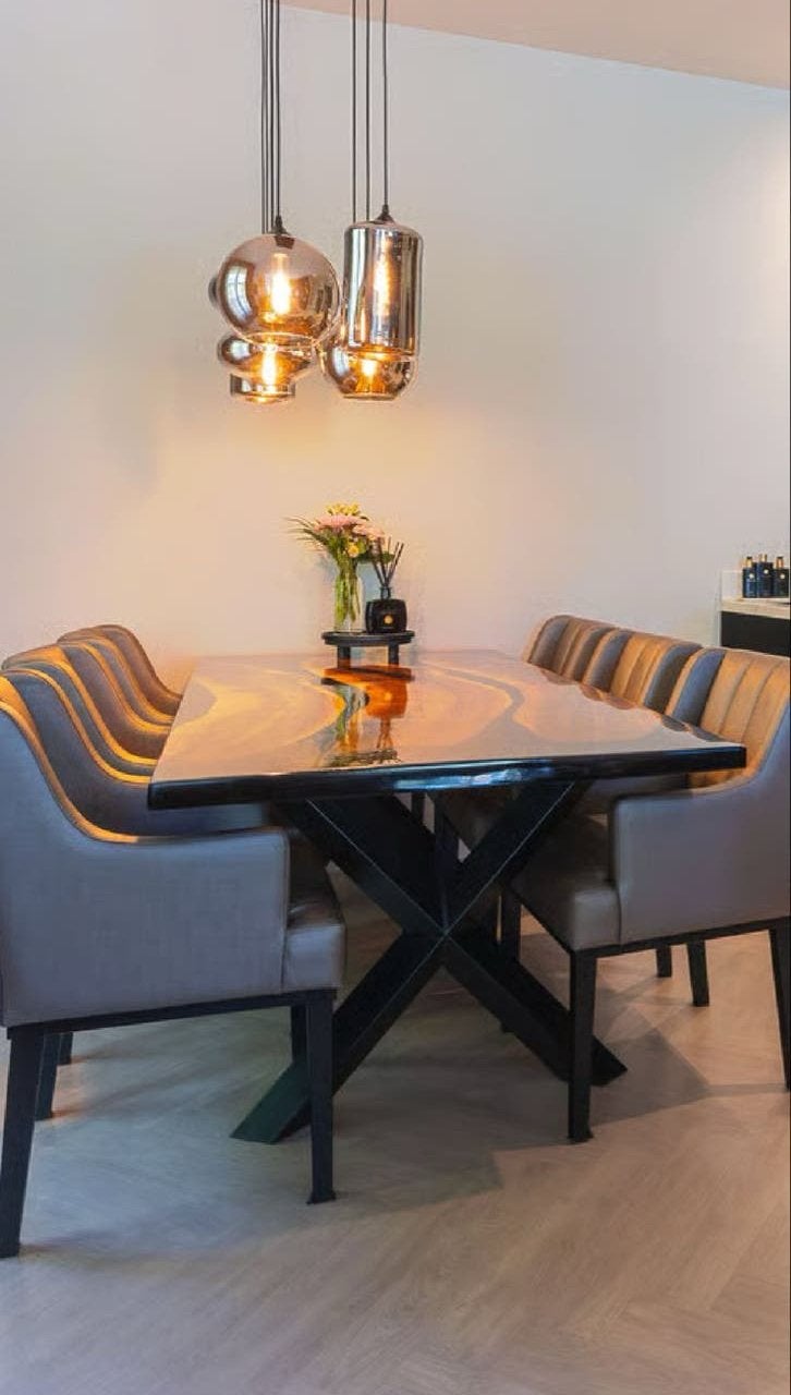 Luxe epoxy & houten eettafel – 215  100 cm uniek exemplaar, Ophalen, 100 tot 150 cm, 200 cm of meer, Zo goed als nieuw
