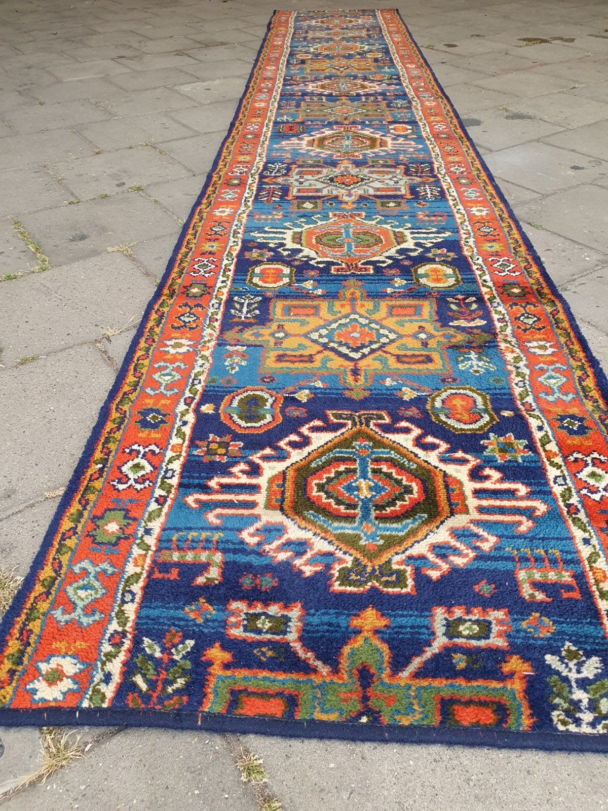 Vintage perzische loper 390x69 cm., Gebruikt, 200 cm of meer, Vintage Sixties, Rechthoekig