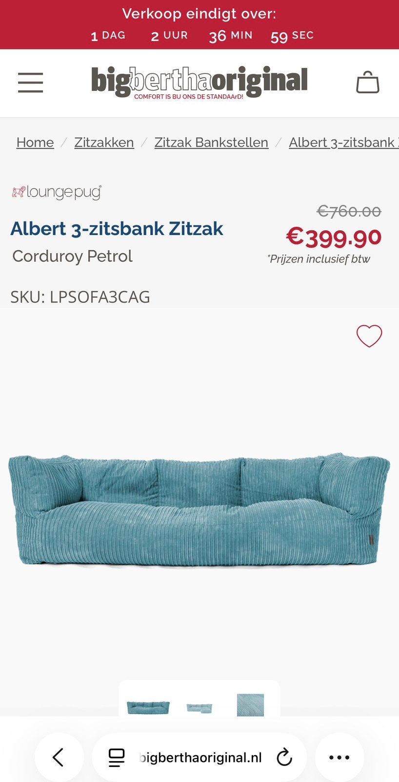 Bigbertha Albert 3-zitsbank Zitzak, Ophalen, 250 tot 300 cm, Minder dan 75 cm, Driepersoons