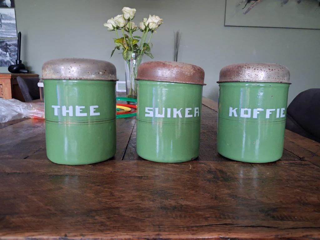 Antieke emaille bussen set - Thee, Suiker, Koffie, Ophalen of Verzenden