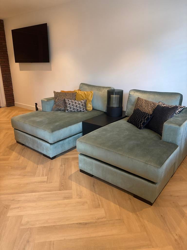 Zo goed als nieuwe mintgroene chaise longue met tussentafel, Ophalen, Zo goed als nieuw, Stof