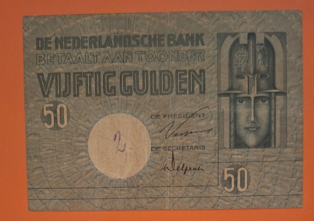 50 gulden 1929 Minerva bruinzwarte handtekening, cat.PL79.a, Postzegels en Munten, Verzenden, 50 gulden, Los biljet