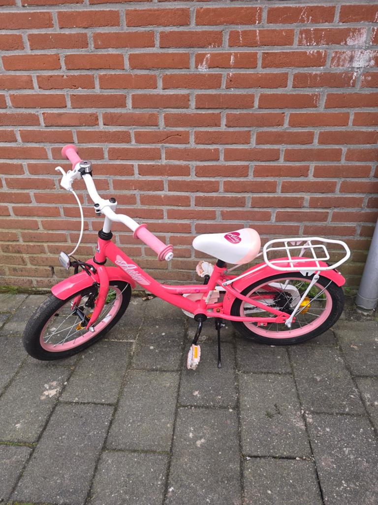 Roze kinderfiets 16 inch met bagagedrager, Ophalen, Gebruikt, Terugtraprem, 16 tot 20 inch