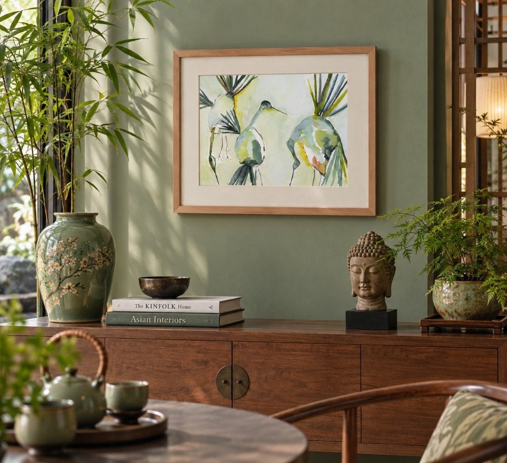 Ingelijste aquarel met vogels – modern botanisch, Ophalen of Verzenden