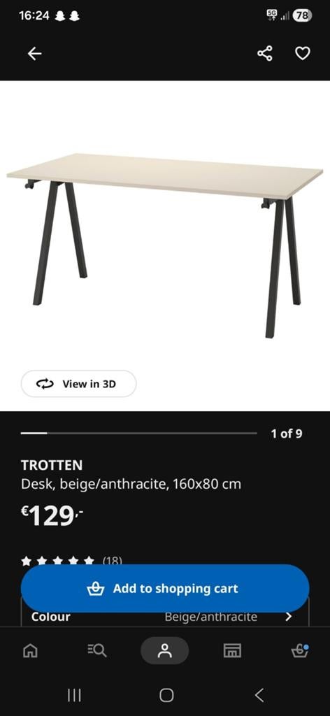 IKEA TROTTEN Bureau - Beige/Antraciet, 160x80 cm, Huis en Inrichting, Bureaus, Ophalen, Spaanplaat of MDF, Zo goed als nieuw, IKEA