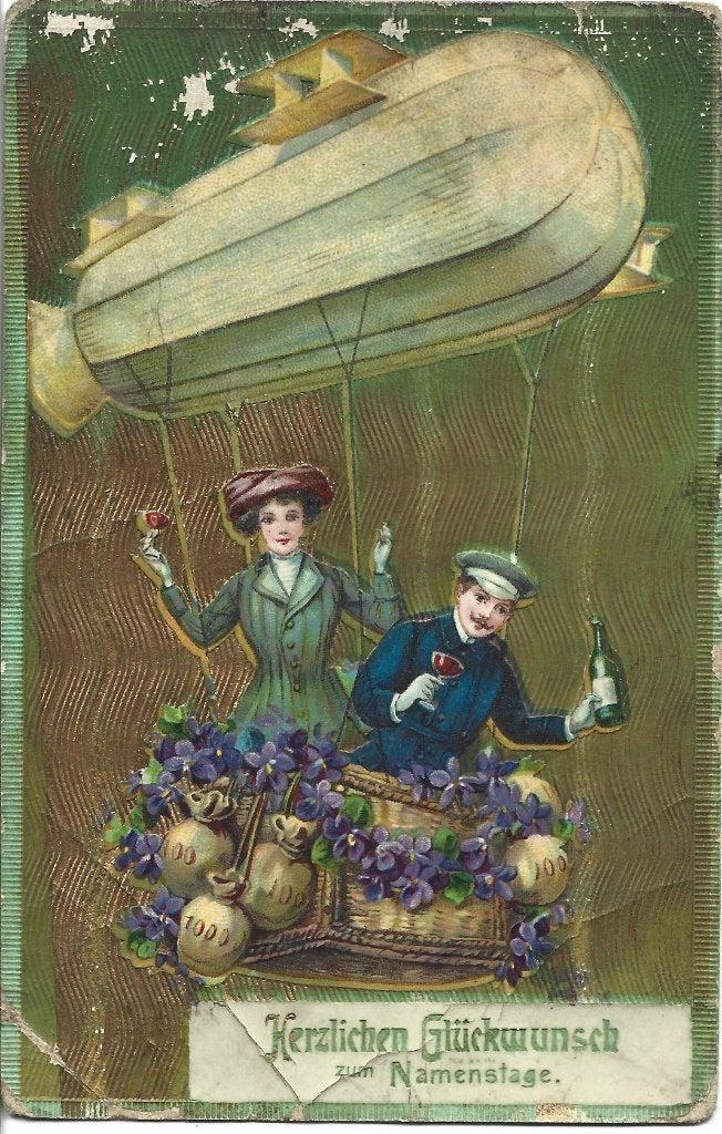 Antiek*Gefeliciteerd*Zeppelin*Champagne*Goudopdruk*Relief, Ophalen of Verzenden, Voor 1920, Gelopen, Overige thema's