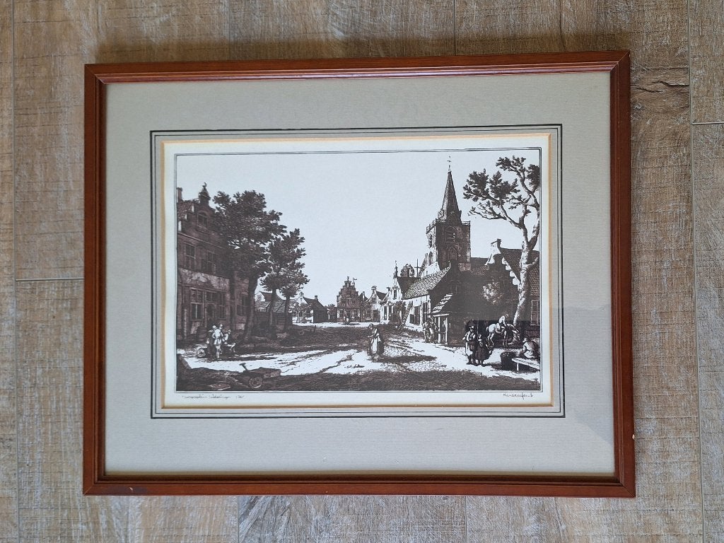 zeefdruk Dorpsplein Wateringen, Antiek en Kunst, Kunst | Litho's en Zeefdrukken, Ingelijst, Ophalen, Overige onderwerpen, Zeefdruk