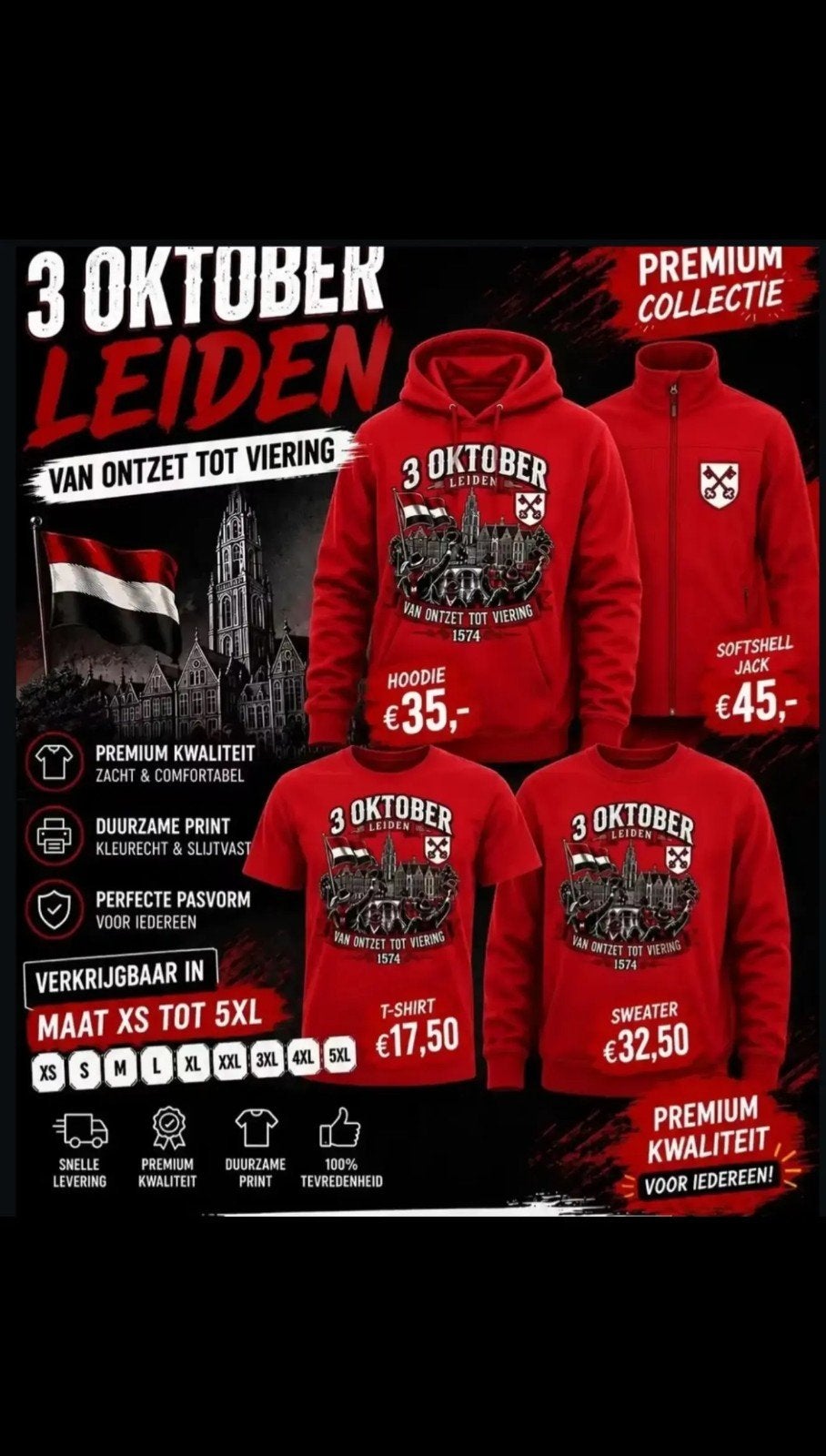 3 Oktober Leiden T-shirt, Hoodie of Sweater, Jorton, Zwart, Nieuw, Overige maten